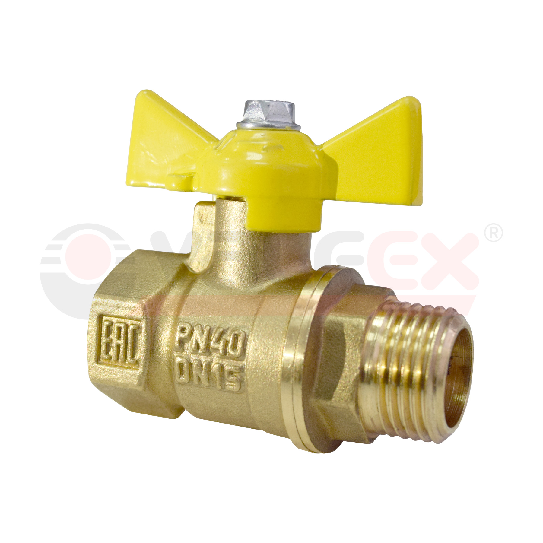 Кран шаровый латунныйVALFEX  11б27п газ ВР/НР Ду 20 (3/4") Ру 40 бабочка 